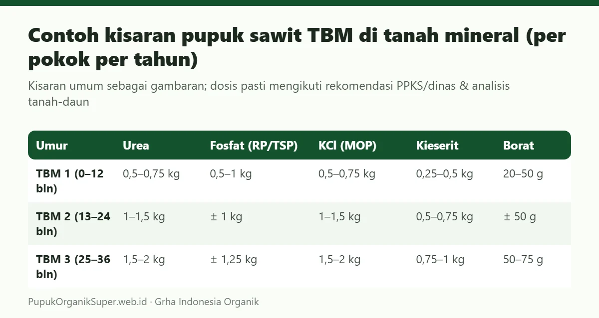 Contoh kisaran pupuk sawit TBM di tanah mineral (per pokok per tahun)